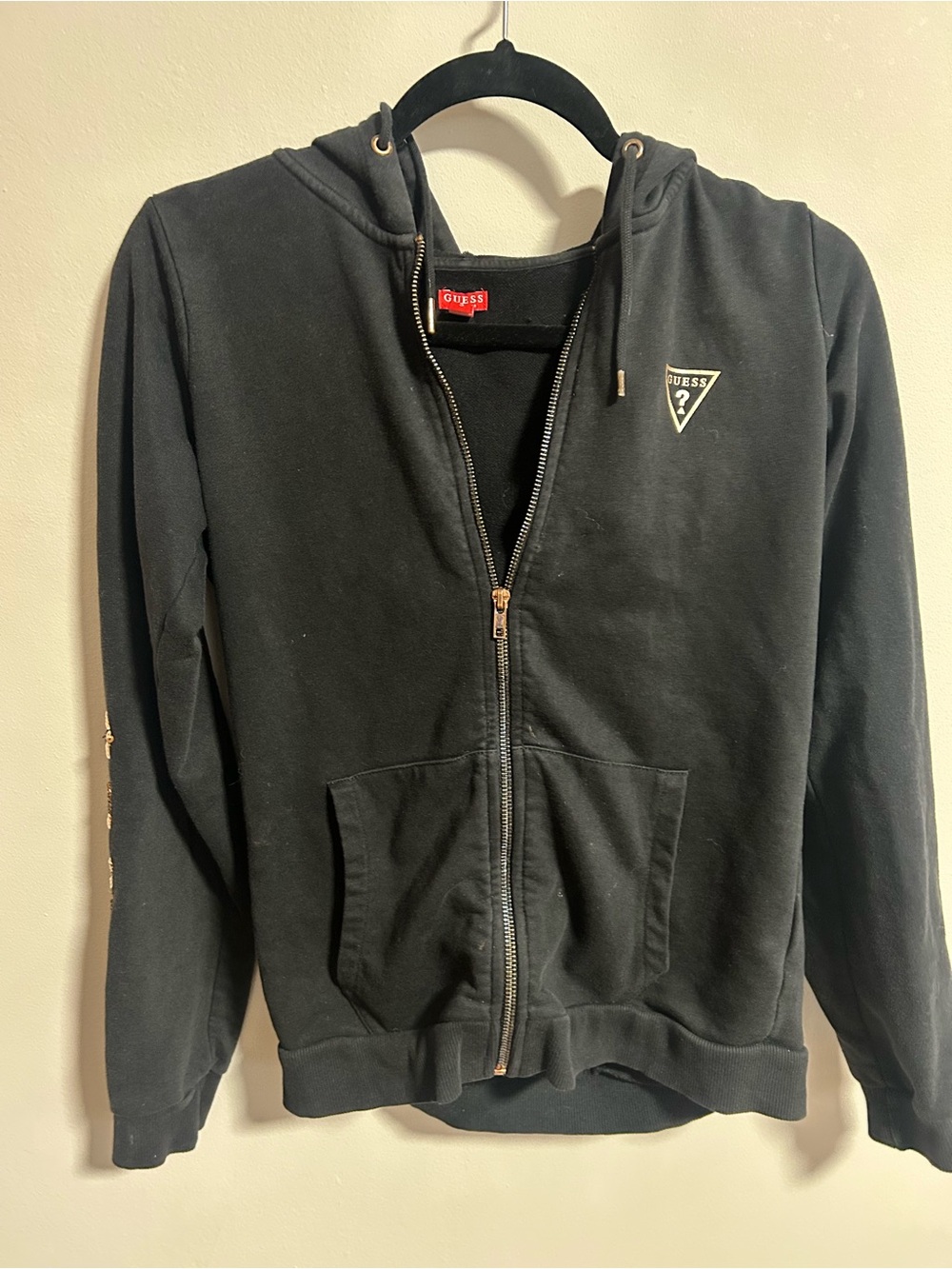 Guess Black Zipper Hoodie with Triangle Emblem and Sequins